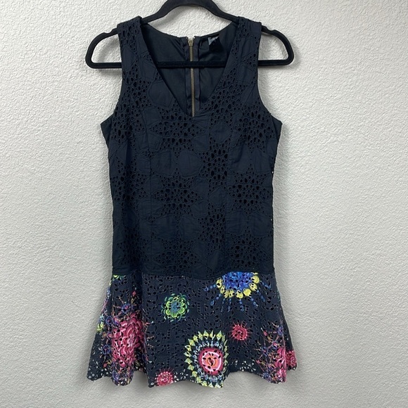 Desigual Eyelet Embroidered Crochet Lace Mini Dress Black Floral Drop Waist - Picture 1 of 10